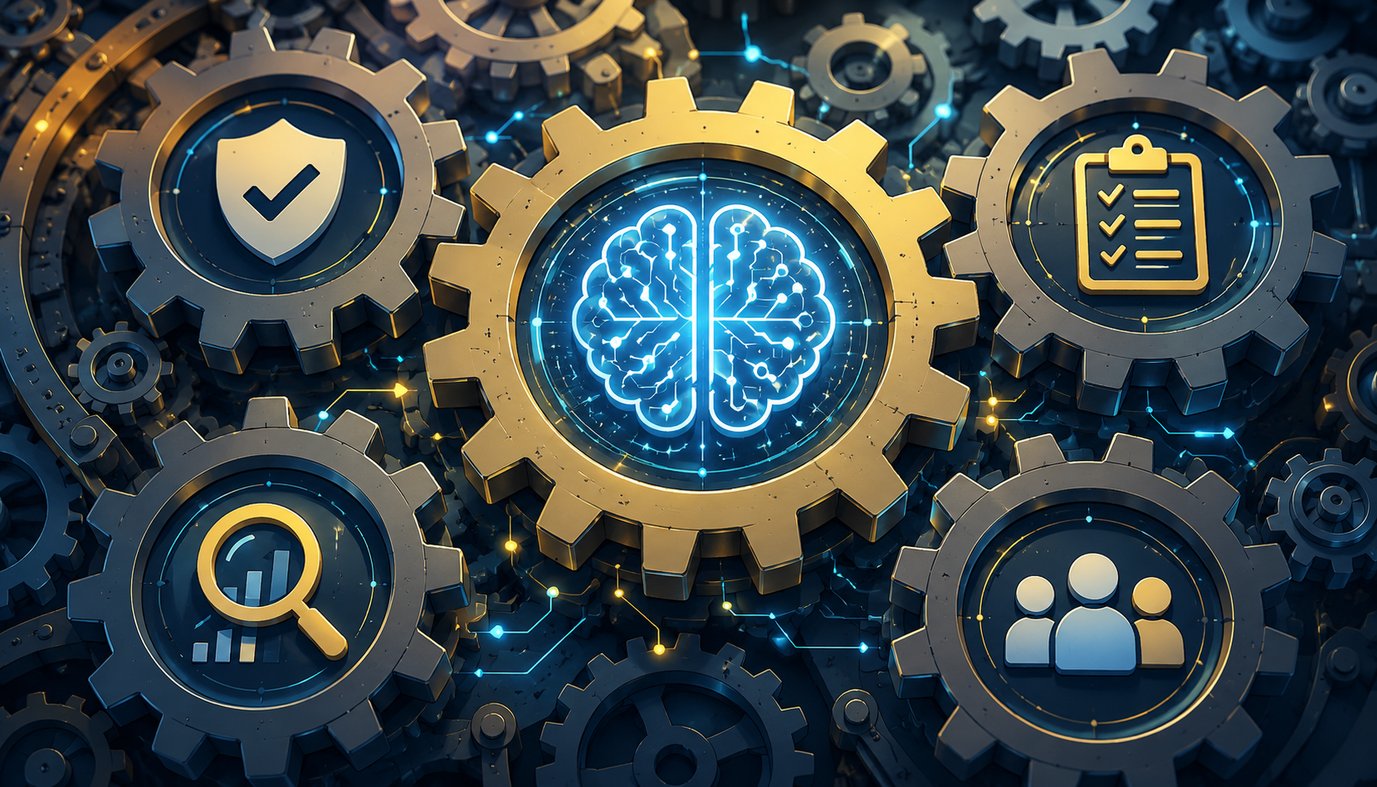 Engrenages imbriqu&eacute;s avec un cerveau IA, un bouclier de conformit&eacute;, une liste d&rsquo;audit, une loupe d&rsquo;analyse et une ic&ocirc;ne d&rsquo;&eacute;quipe