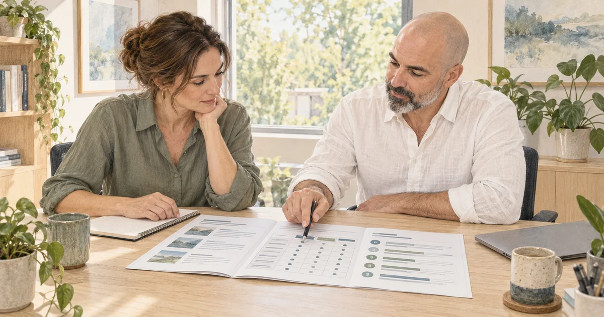 Un conseiller et une propriétaire comparent des rapports et des priorités autour d’une table, illustration éditoriale.