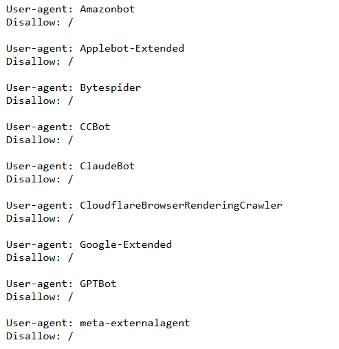 Exemple de fichier robots.txt qui bloque GPTBot, ClaudeBot, Google-Extended, Applebot-Extended, CCBot et d'autres robots