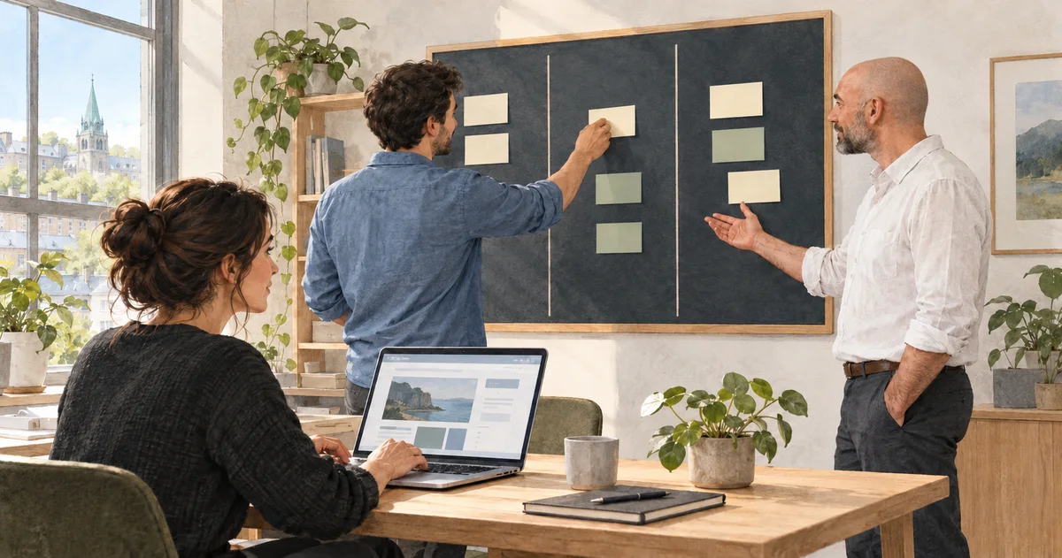 A team assigns tasks on a board while a colleague works on a website, editorial illustration.