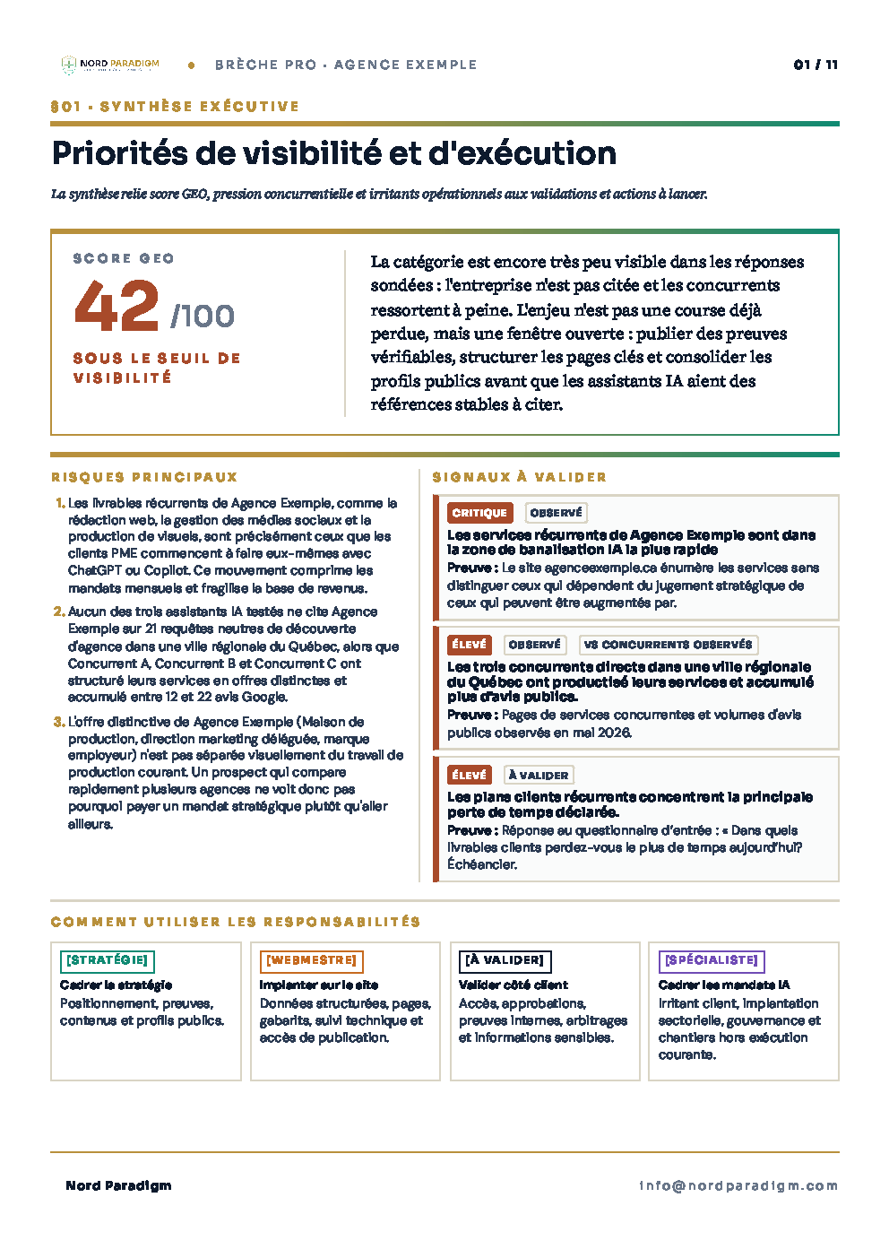 Page 2 d'un exemple de rapport Br&egrave;che Pro montrant les priorit&eacute;s de visibilit&eacute; et d'ex&eacute;cution